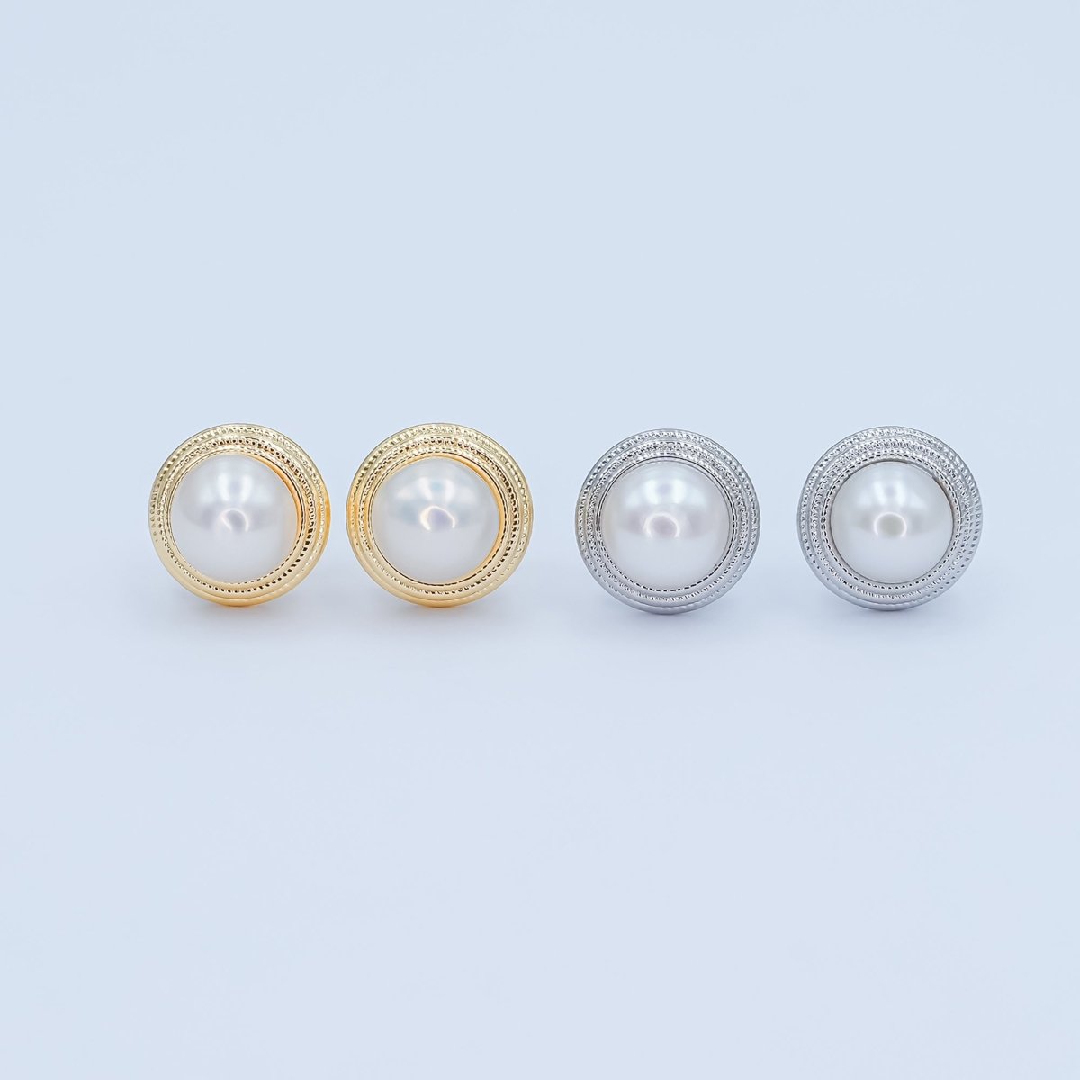 Round White Shell Pearl Band Stud Earrings in Gold & Silver | AE1030 AE1031 - DLUXCA
