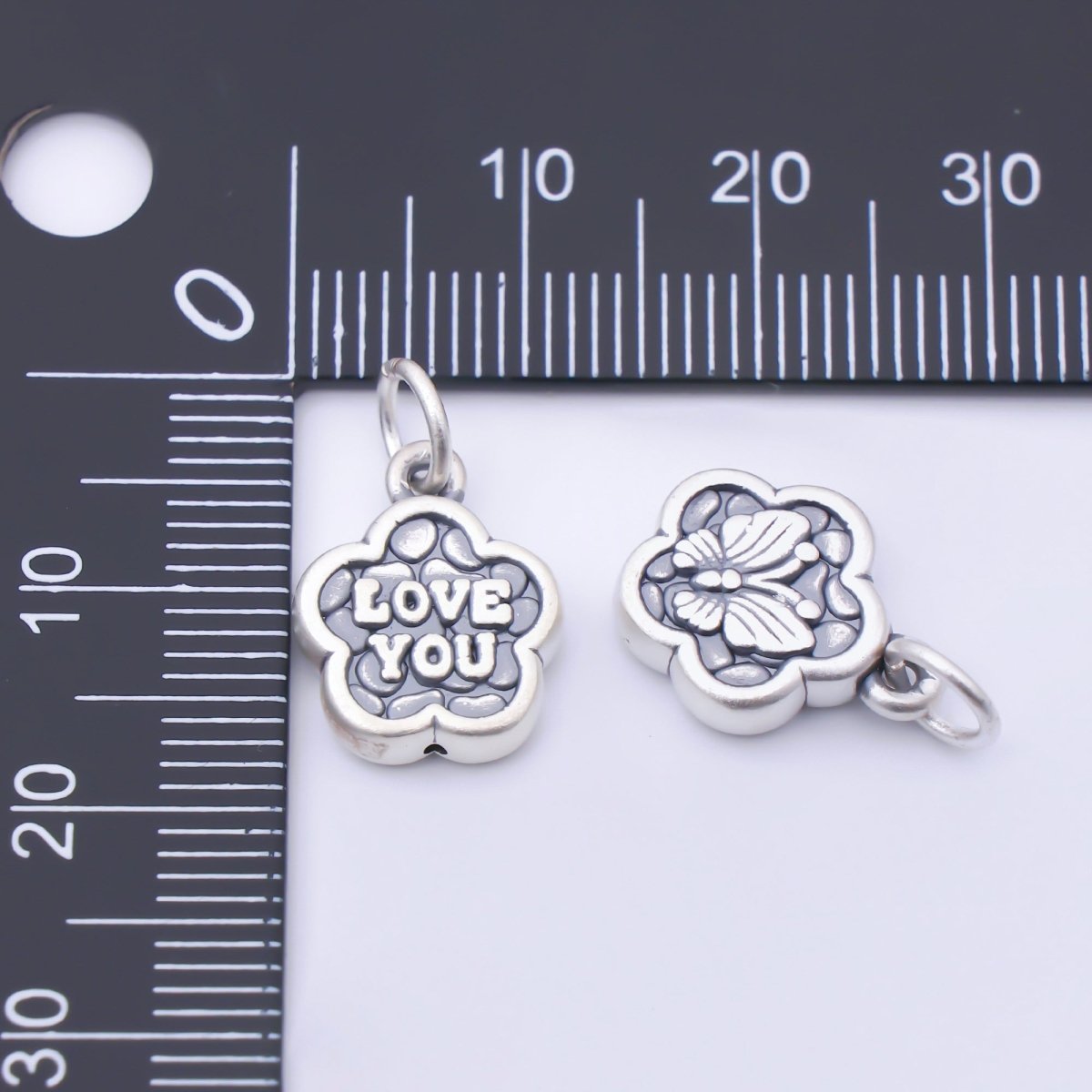 S925 Sterling Silver 14.5mm "LOVE YOU" Textured Flower Charm | SL - 704 - DLUXCA
