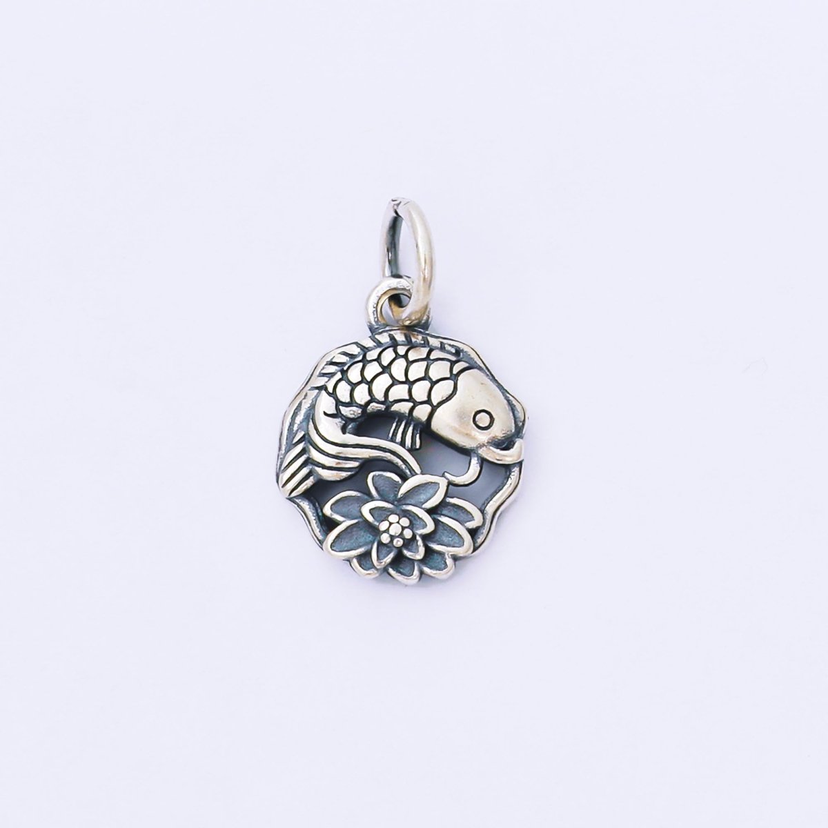 S925 Sterling Silver 15mm Lucky Lotus Flower Koi Fish Round Charm | SL - 692 - DLUXCA