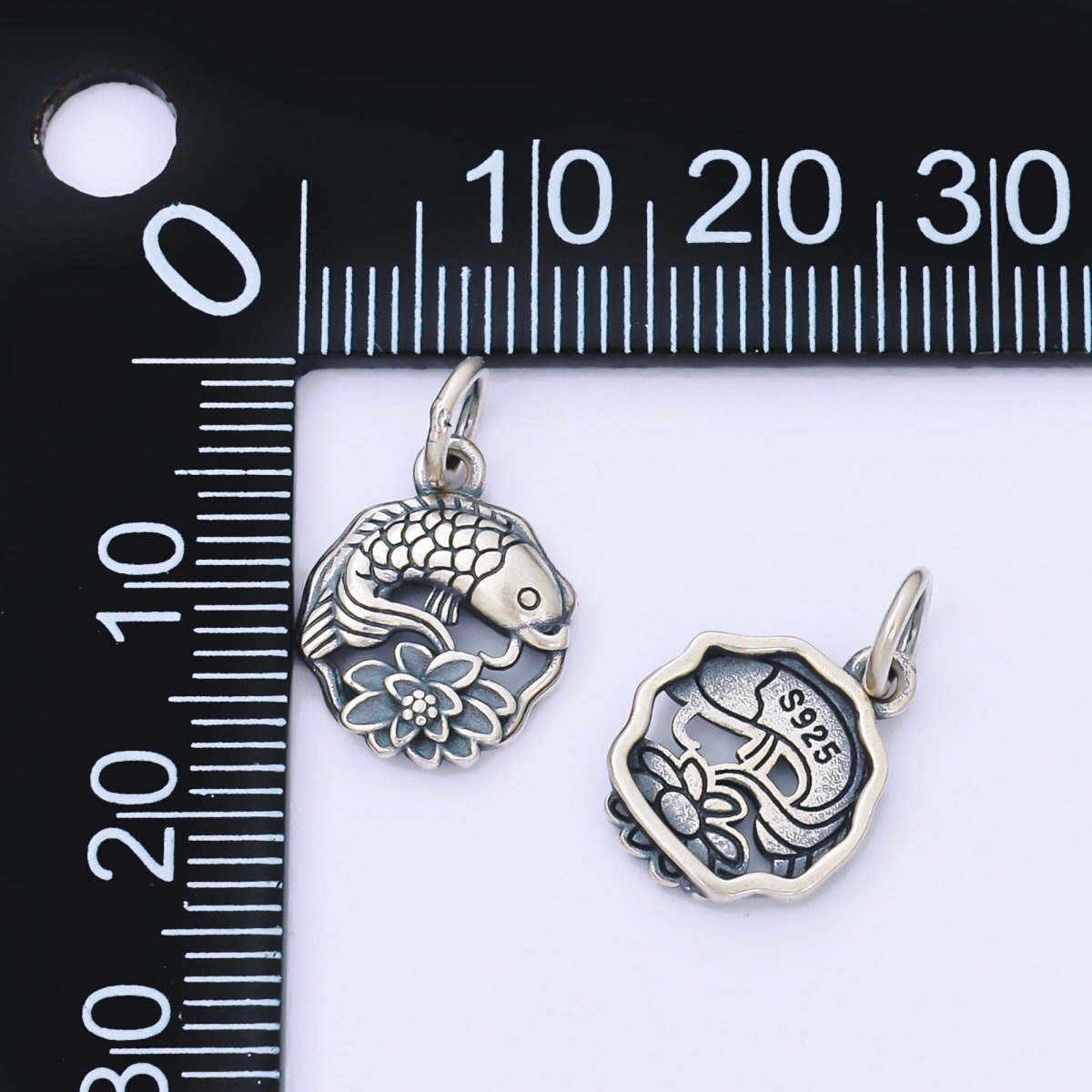 S925 Sterling Silver 15mm Lucky Lotus Flower Koi Fish Round Charm | SL - 692 - DLUXCA