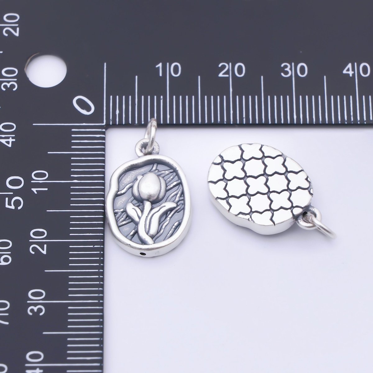 S925 Sterling Silver 20mm Rose Flower Textured Oval Charm | SL - 703 - DLUXCA