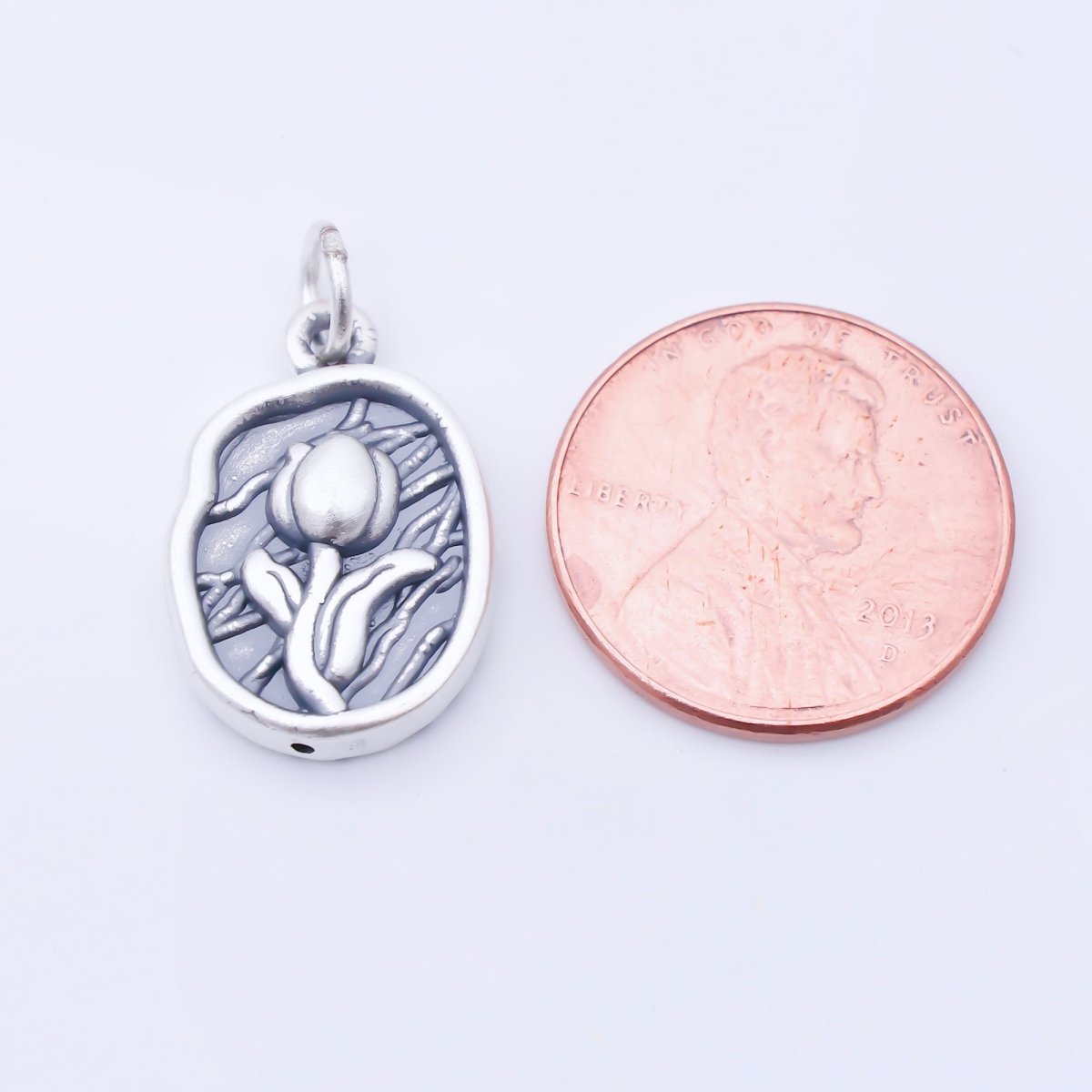 S925 Sterling Silver 20mm Rose Flower Textured Oval Charm | SL - 703 - DLUXCA