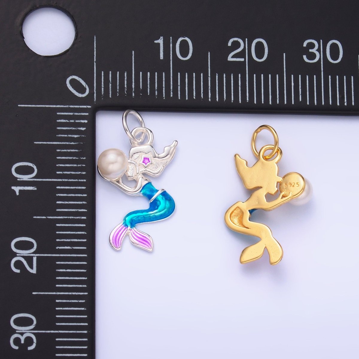 S925 Sterling Silver Mermaid Pearl CZ Enamel Charm in Gold & Silver | SL - 626 SL - 625 - DLUXCA