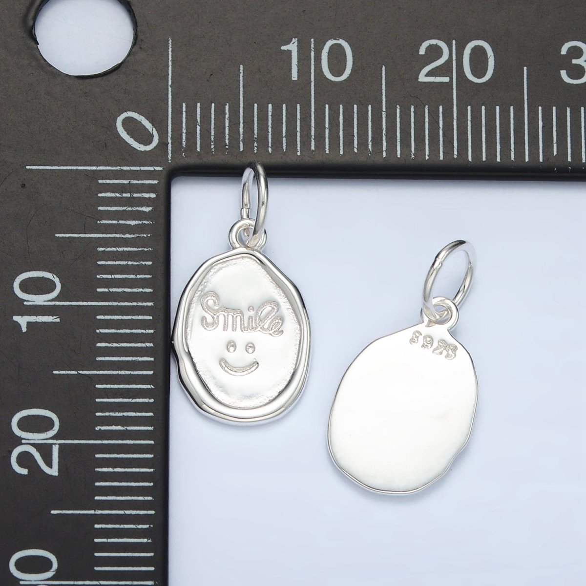 S925 Sterling Silver "Smile" Script Smiley Face Stamped Oval Charm | SL - 505 - DLUXCA