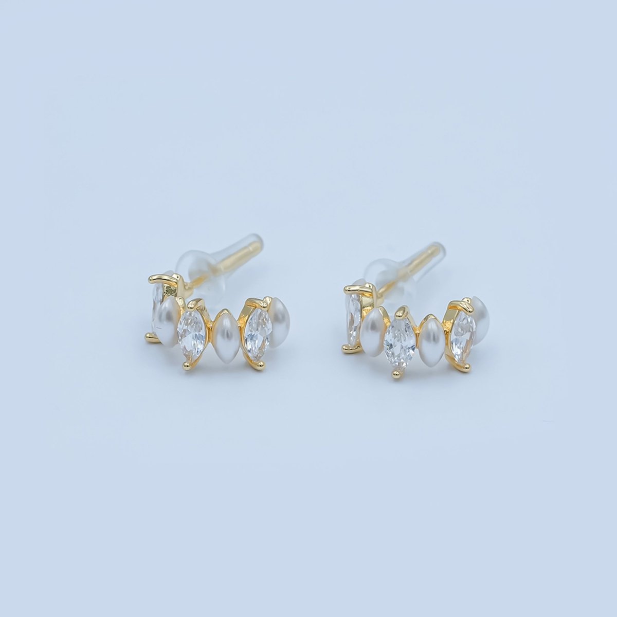 Shell Pearl Clear CZ Marquise 15mm C - Shaped Hoop Earrings in Gold & Silver | AD1231 AD1260 - DLUXCA