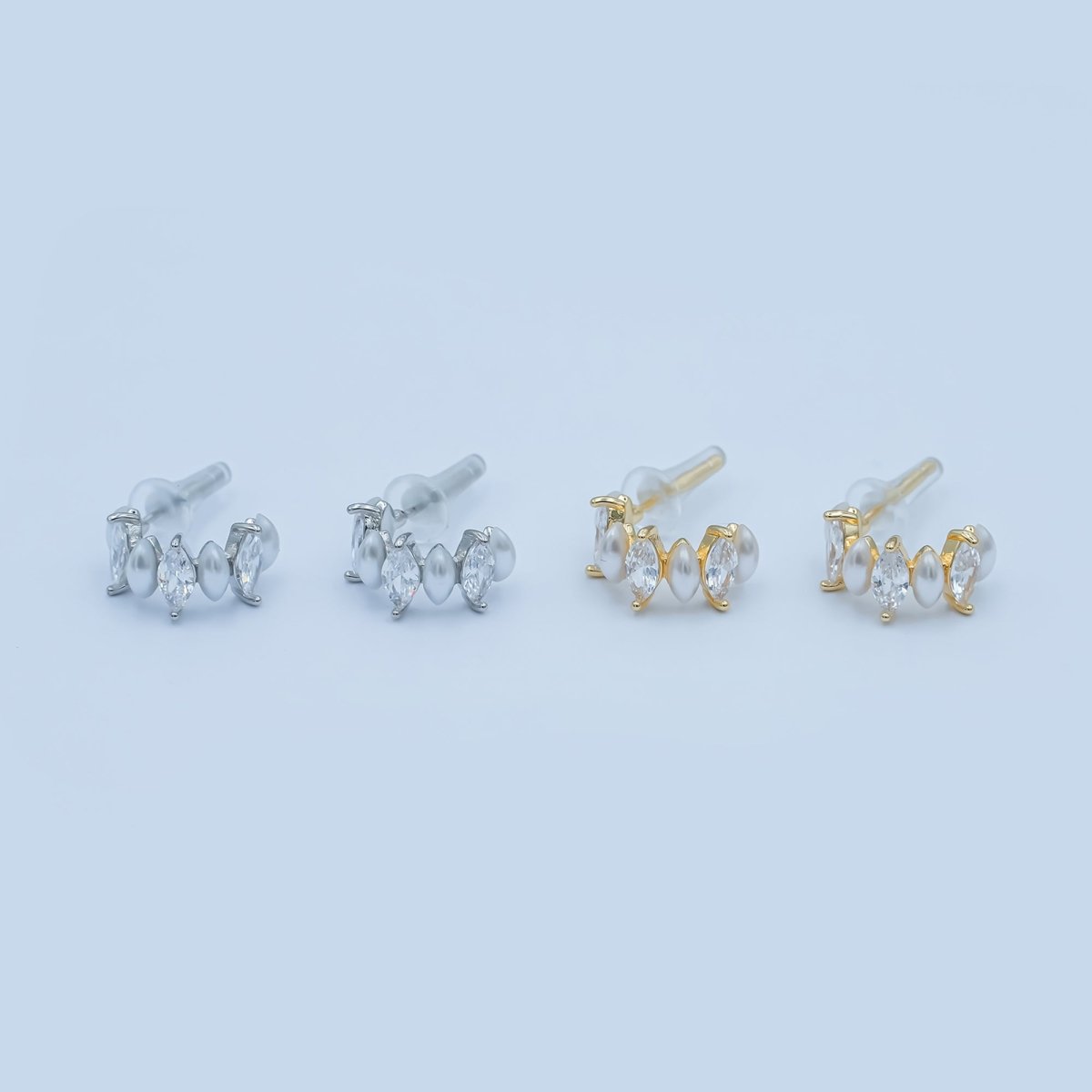 Shell Pearl Clear CZ Marquise 15mm C - Shaped Hoop Earrings in Gold & Silver | AD1231 AD1260 - DLUXCA