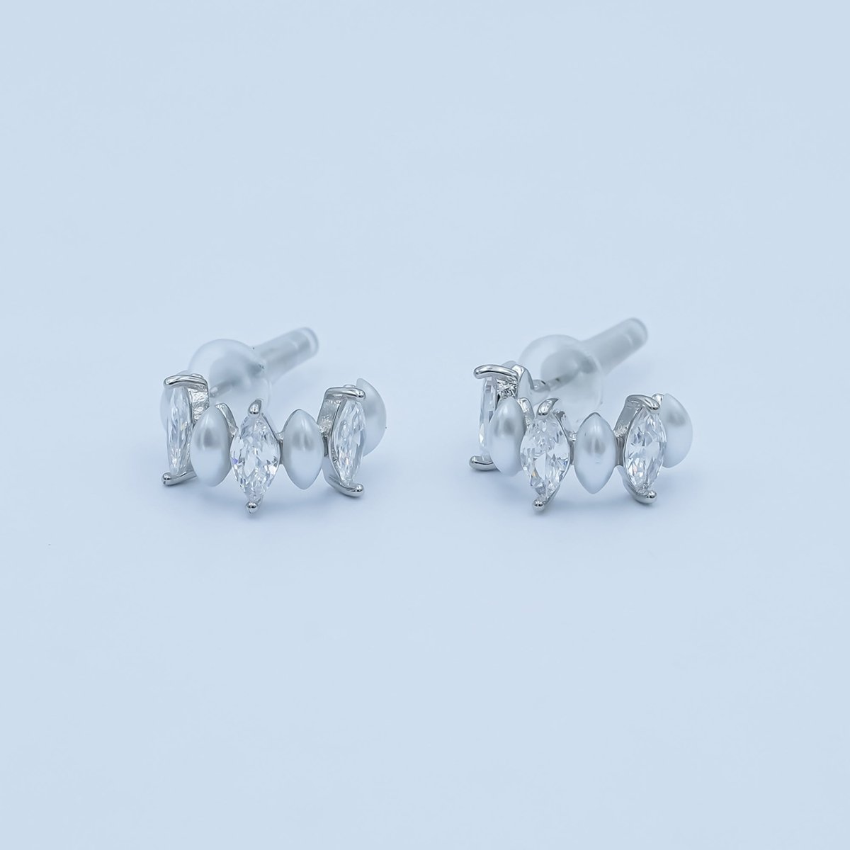 Shell Pearl Clear CZ Marquise 15mm C - Shaped Hoop Earrings in Gold & Silver | AD1231 AD1260 - DLUXCA