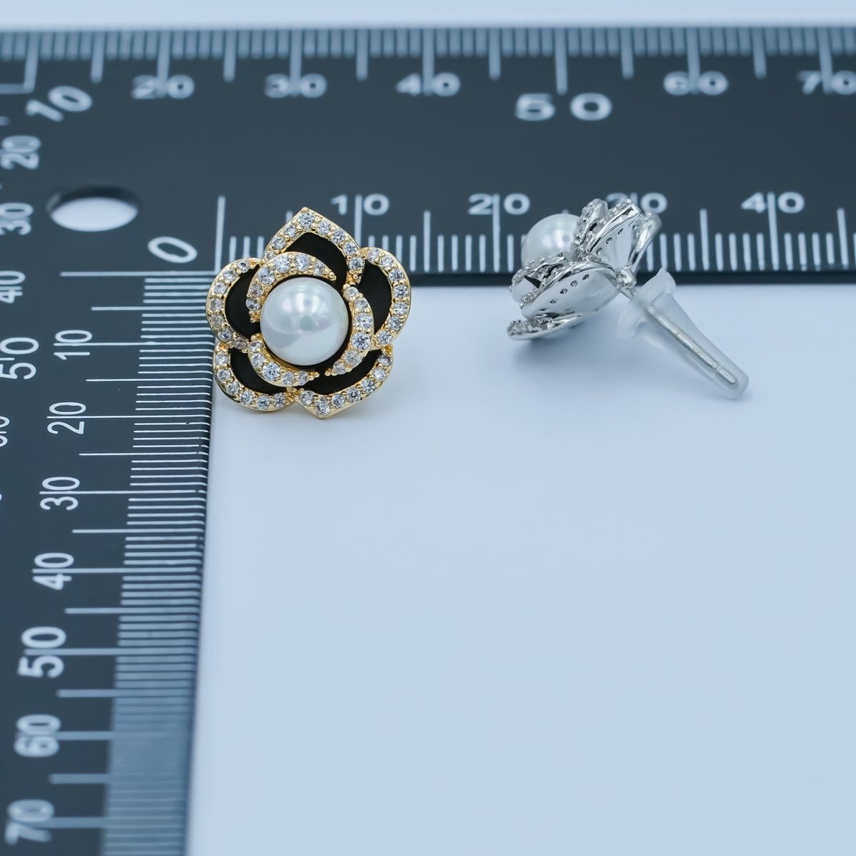 Shell Pearl Micro Paved CZ Black Flower Stud Earrings in Gold & Silver | AD1361 AD1443 - DLUXCA