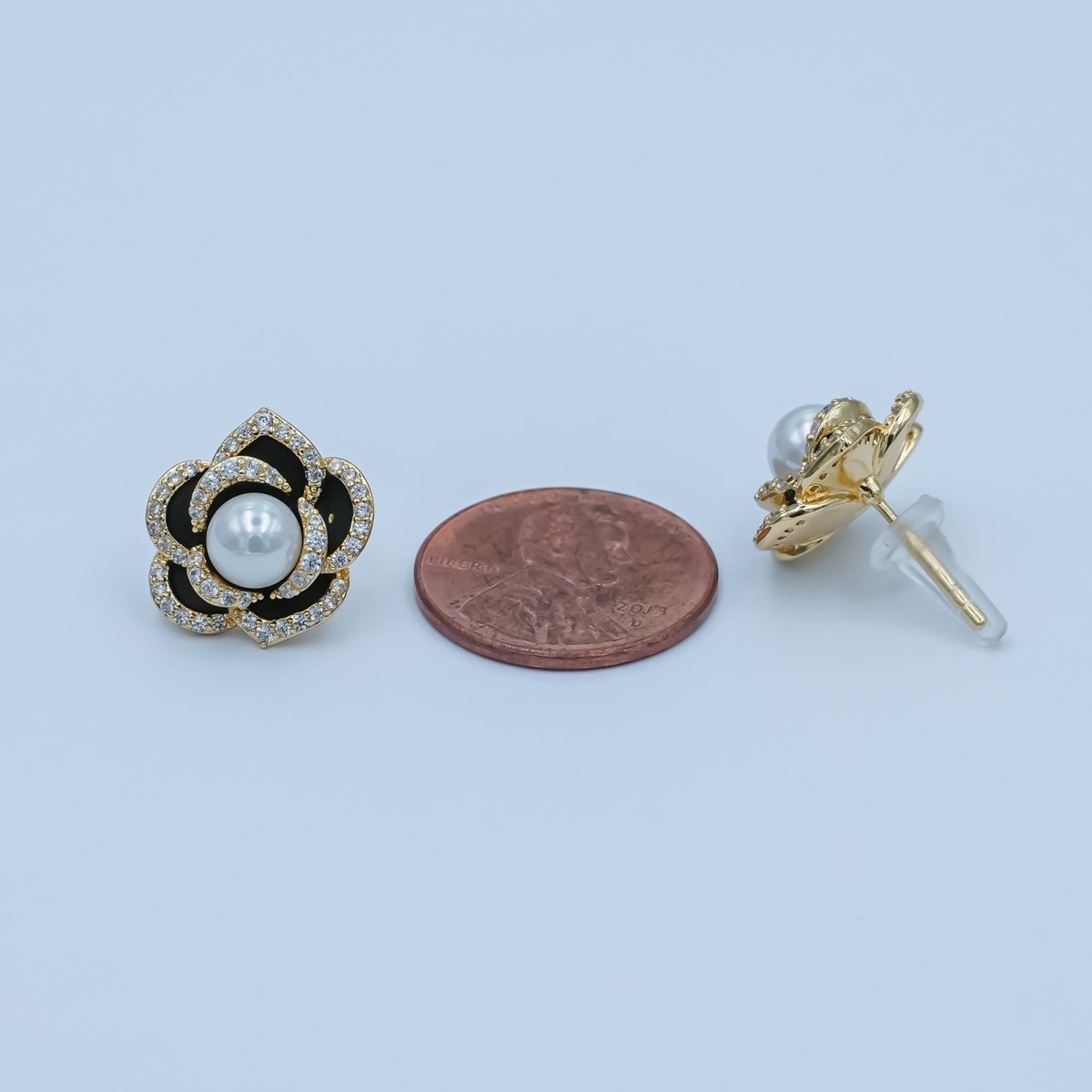 Shell Pearl Micro Paved CZ Black Flower Stud Earrings in Gold & Silver | AD1361 AD1443 - DLUXCA