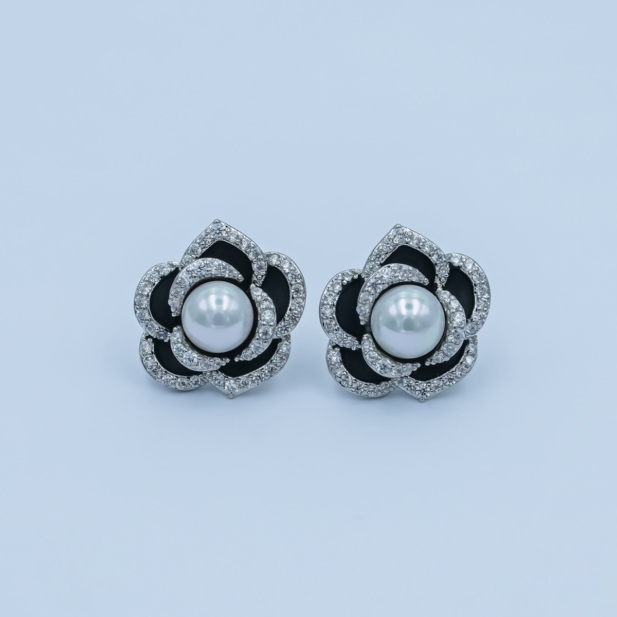Shell Pearl Micro Paved CZ Black Flower Stud Earrings in Gold & Silver | AD1361 AD1443 - DLUXCA