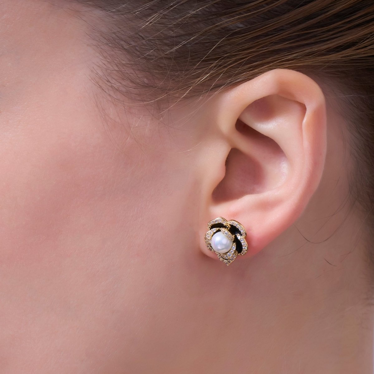 Shell Pearl Micro Paved CZ Black Flower Stud Earrings in Gold & Silver | AD1361 AD1443 - DLUXCA