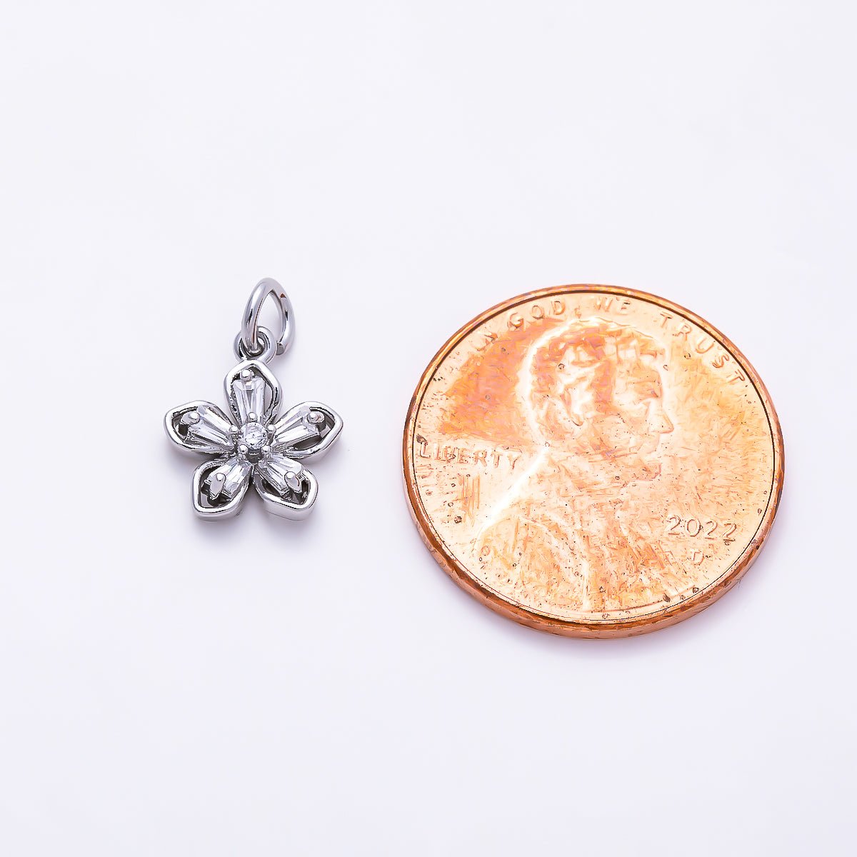 Silver 10mm Clear CZ Baguette Petal Flower Mini Charm | Charms-01523 - DLUXCA