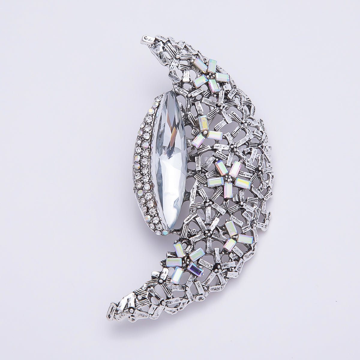 Silver 130mm x 37mm Green, Clear Rhinestone Flower Crescent Moon Pin Brooch | BH - 128 BH - 129 - DLUXCA