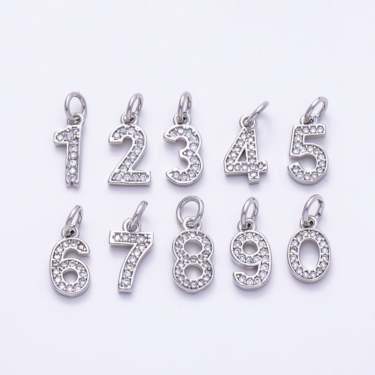 Silver 14mm Number 0-9 Clear Micro Paved CZ Charm | Charms-01527 ~ Charms-01536 - DLUXCA