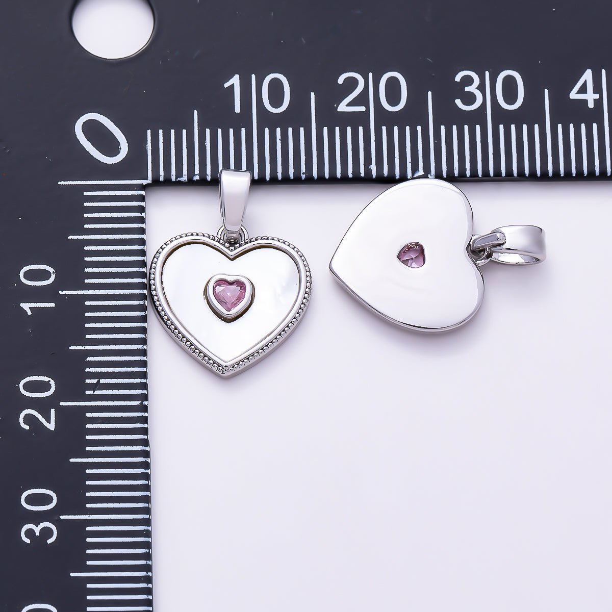 Silver 14mm Pink CZ Shell Pearl Ribbed Bezel Heart Pendant | Charms-01517 - DLUXCA
