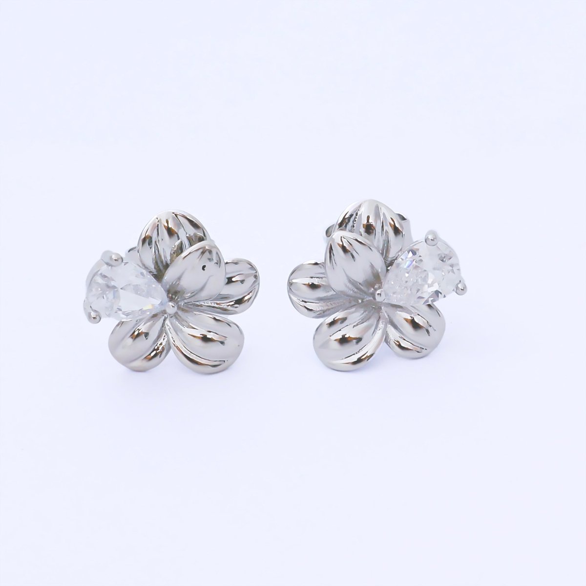 Silver 14mm Teardrop CZ Blooming Flower Floral Studs Earrings | AB1608 - DLUXCA