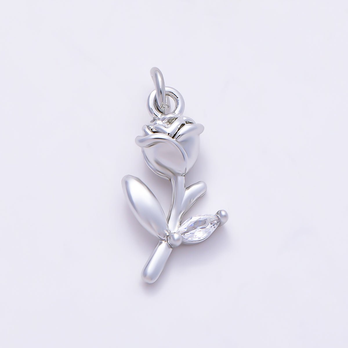 Silver 15mm Marquise CZ Leaf Rose Flower 3D Multidimensional Charm | Charms-01518 - DLUXCA