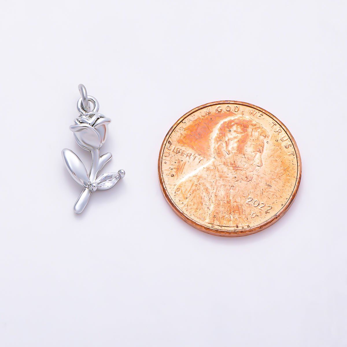 Silver 15mm Marquise CZ Leaf Rose Flower 3D Multidimensional Charm | Charms-01518 - DLUXCA