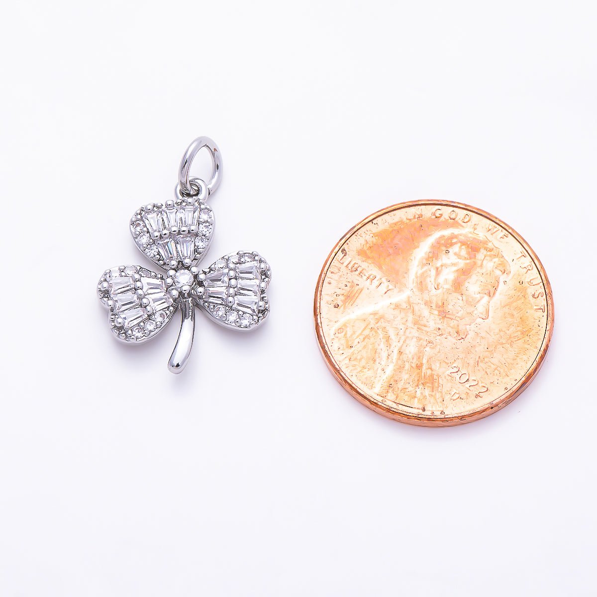 Silver 16.5mm Clear CZ Baguette Micro Paved Clover Plant Charm | Charms-01522 - DLUXCA