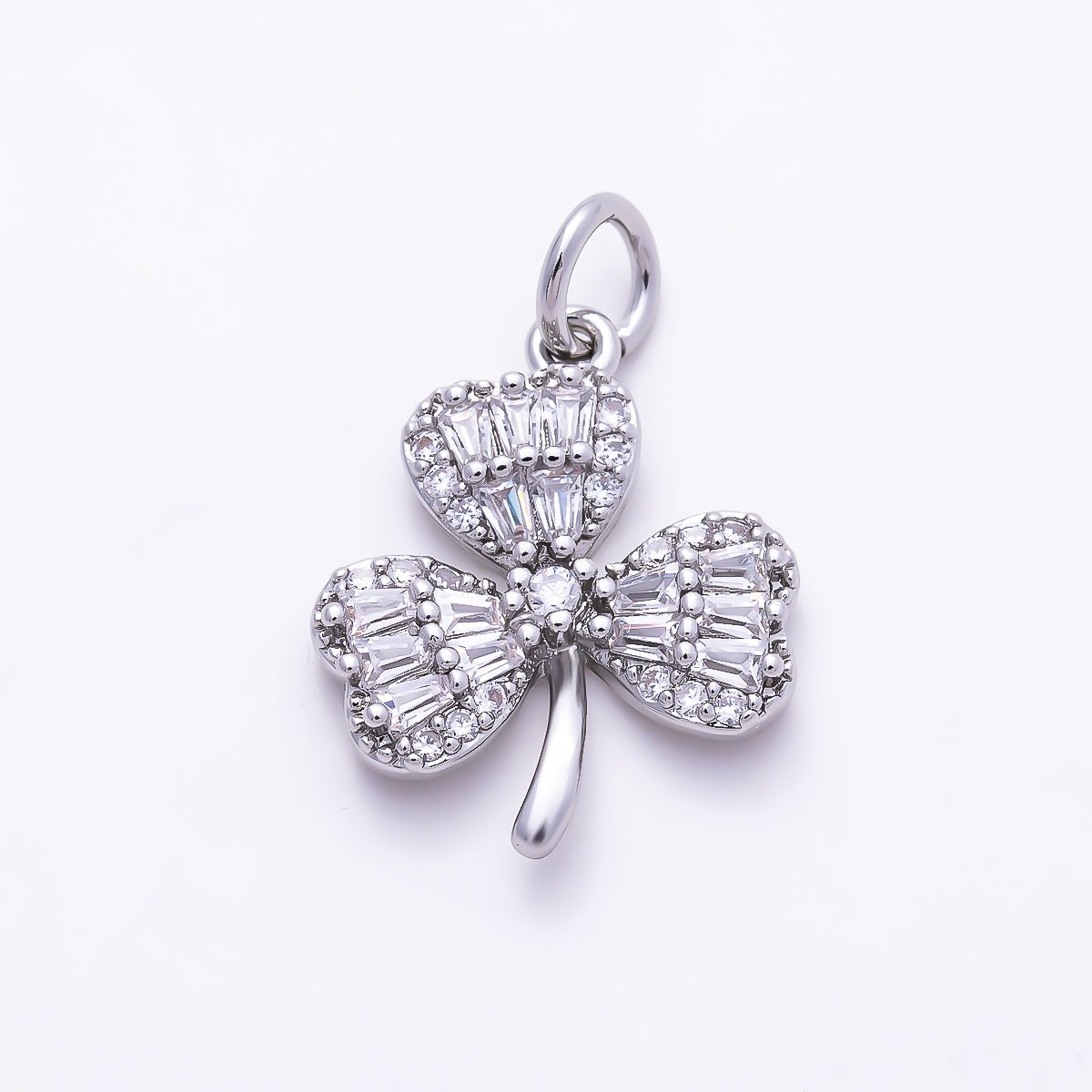 Silver 16.5mm Clear CZ Baguette Micro Paved Clover Plant Charm | Charms-01522 - DLUXCA