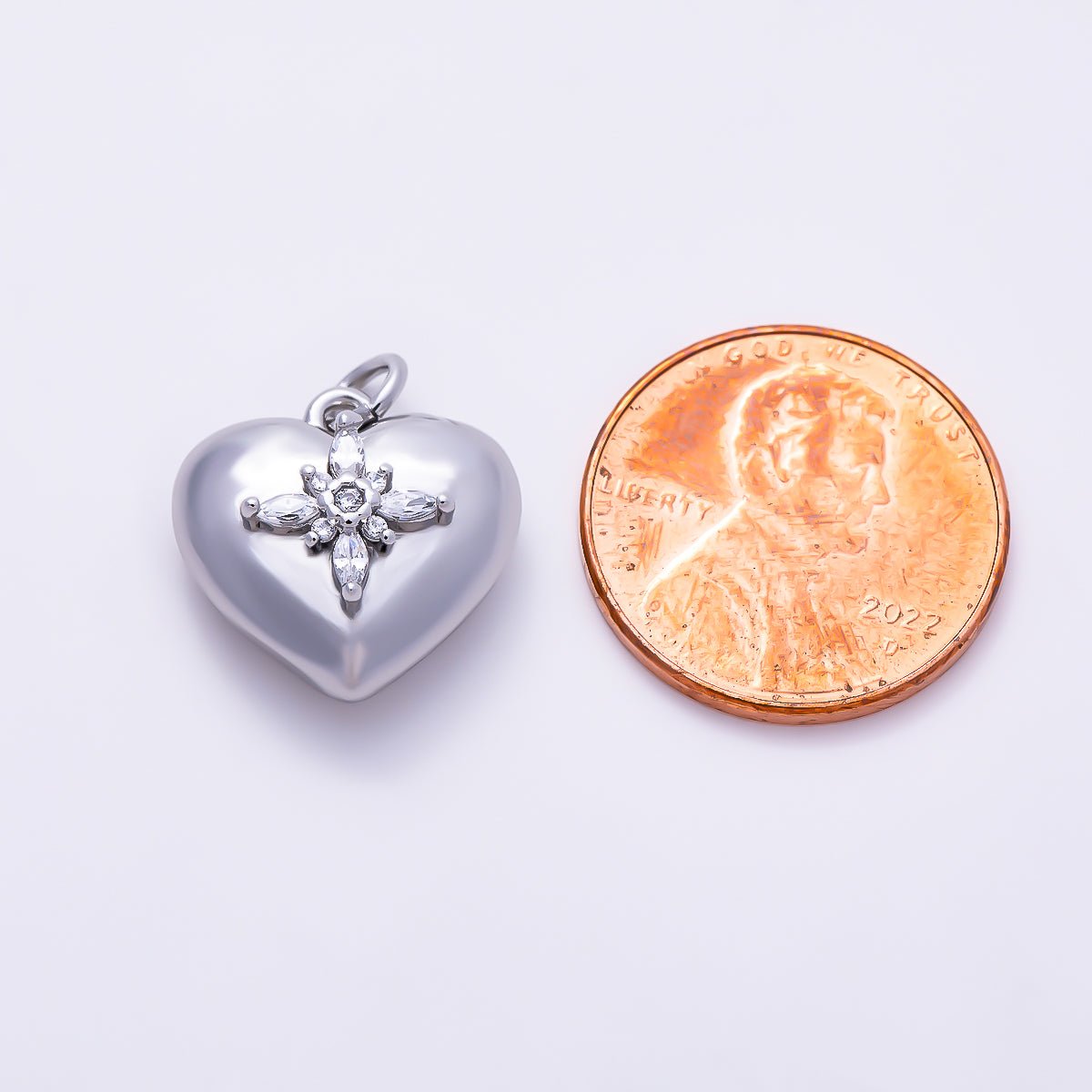 Silver 16mm Marquise CZ Cross Starburst Chubby Heart Charm | Charms-01520 - DLUXCA