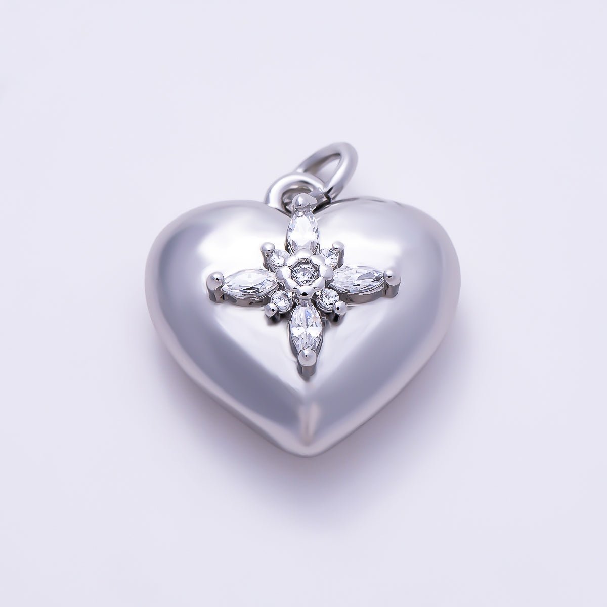 Silver 16mm Marquise CZ Cross Starburst Chubby Heart Charm | Charms-01520 - DLUXCA