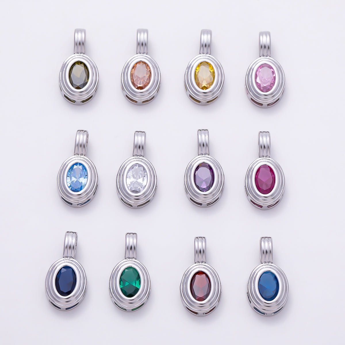 Silver 16mm Minimalist Oval Bezel CZ Birthstone Textured Bail Pendant | Charms-01829 - Charms - DLUXCA