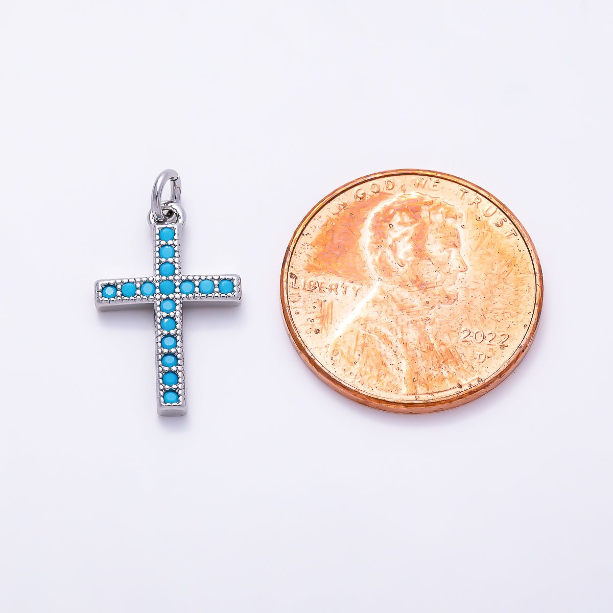 Silver 16mm Turquoise Micro Paved Religious Cross Charm | Charms-01521 - DLUXCA