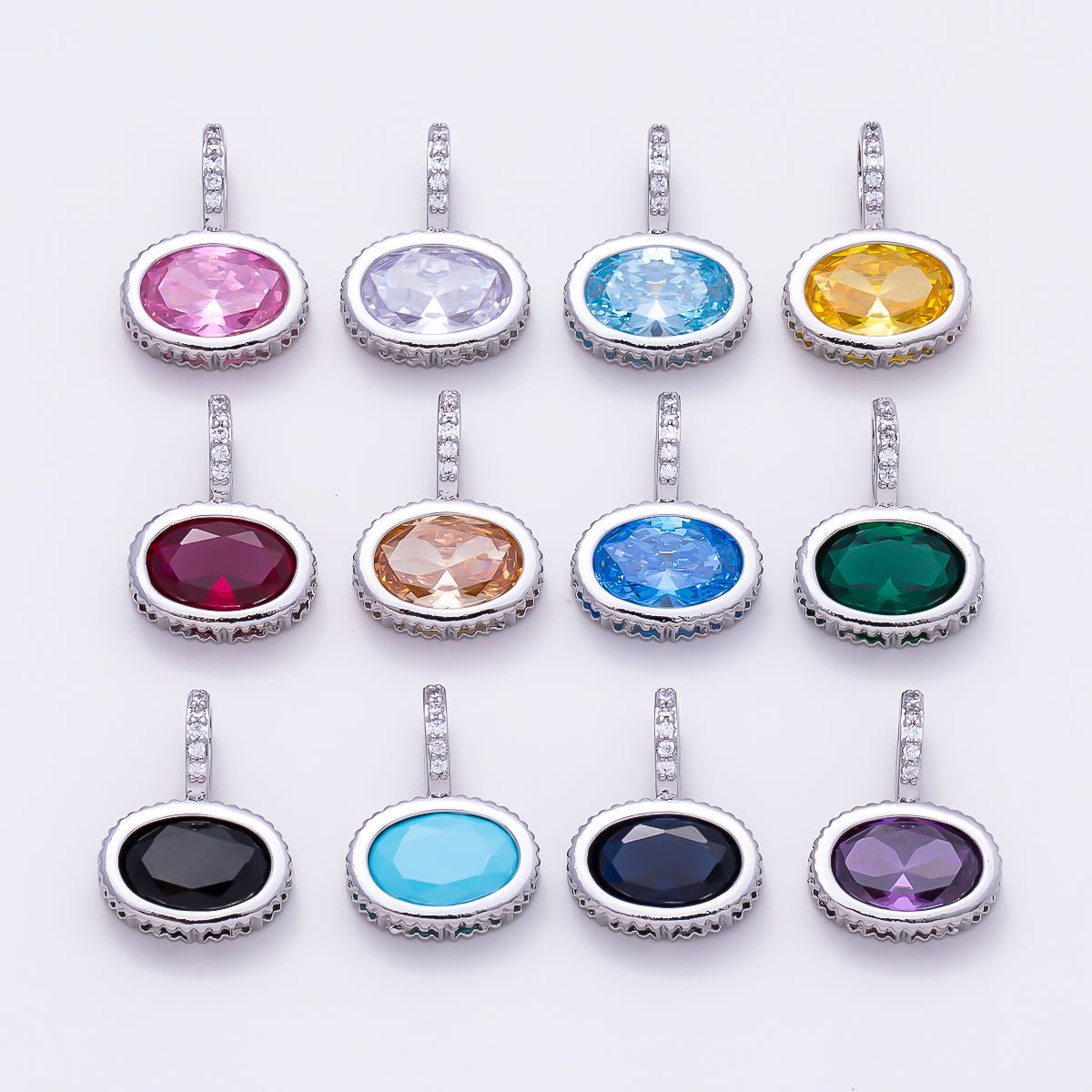 Silver 20mm Oval Birthstone CZ Micro Paved Bail Pendant | Charms-01724 - Charms-01735 - DLUXCA