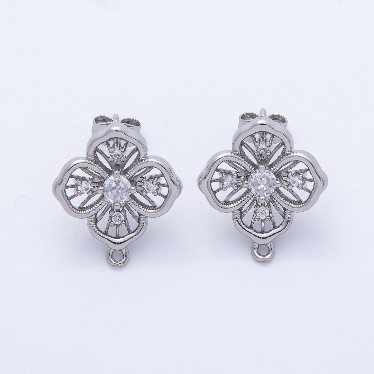 Silver 21mm Clear CZ Open Clover Flower Stud Earrings Findings Supply | Z1667 - DLUXCA