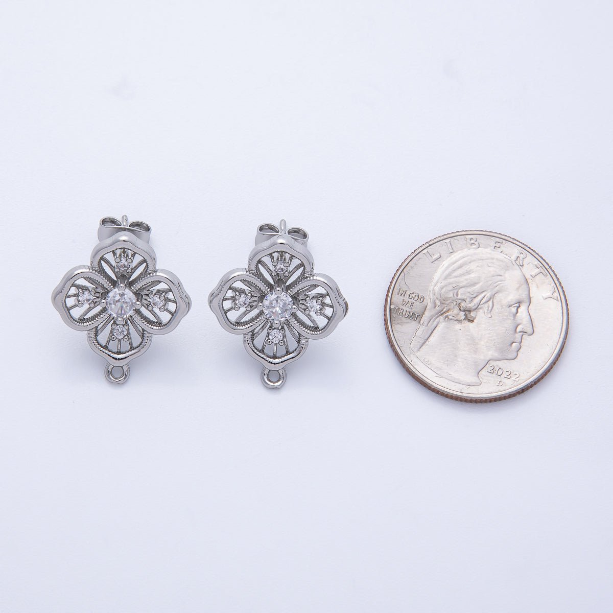 Silver 21mm Clear CZ Open Clover Flower Stud Earrings Findings Supply | Z1667 - DLUXCA