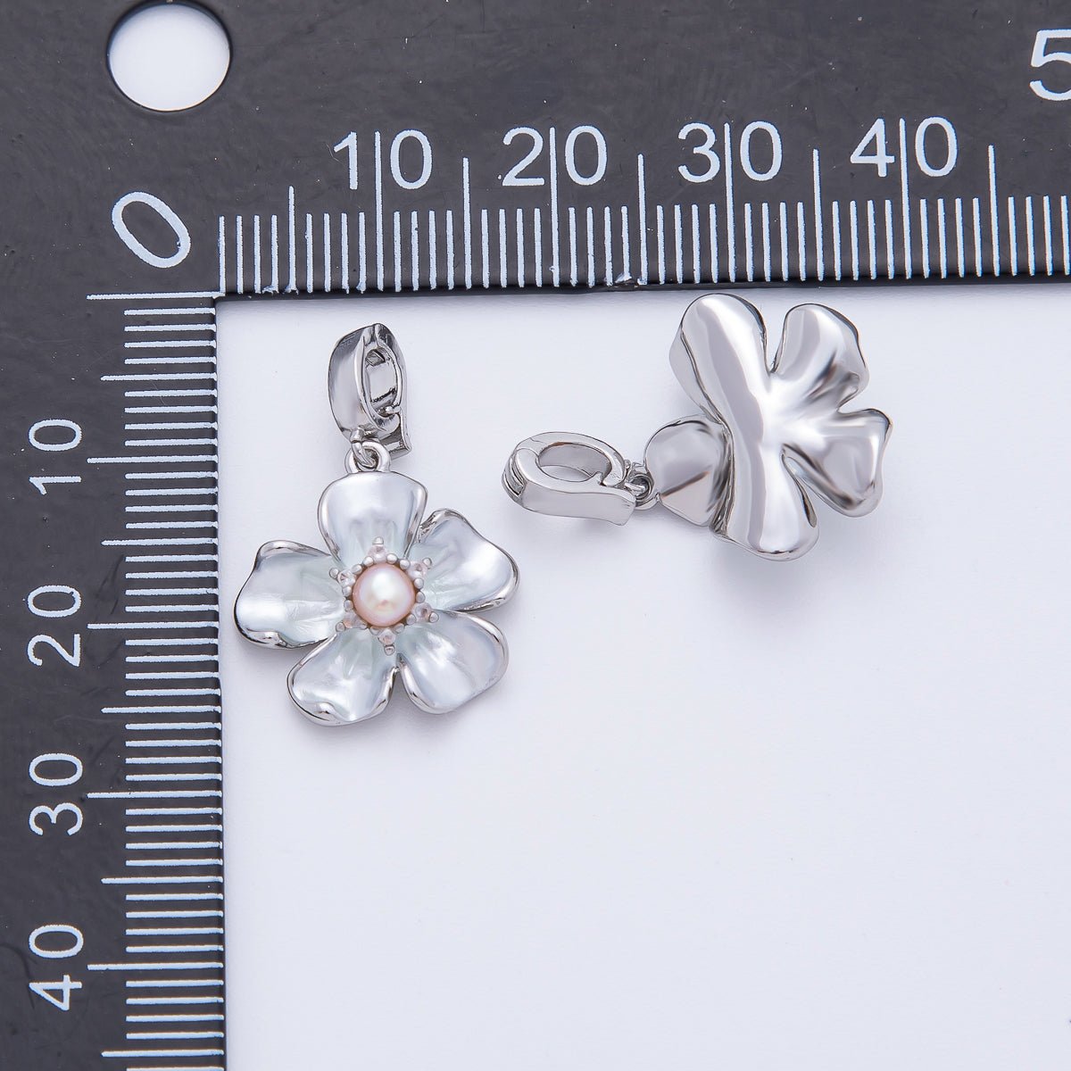 Silver 23mm Shell Pearl Hibiscus Flower Snap Latch Drop Charm | AF1142 - DLUXCA