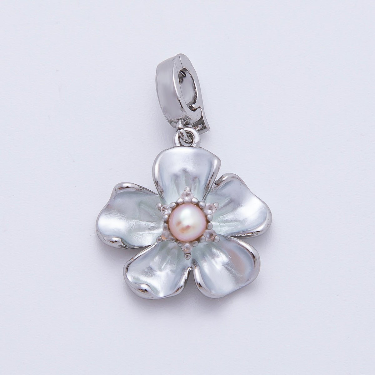 Silver 23mm Shell Pearl Hibiscus Flower Snap Latch Drop Charm | AF1142 - DLUXCA