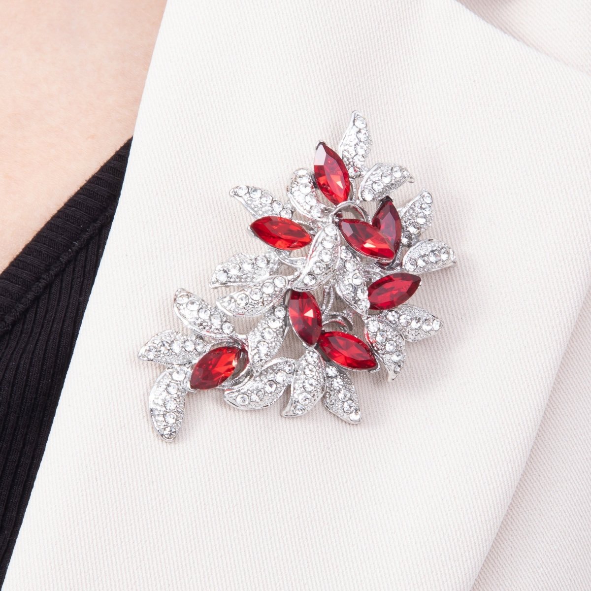 Silver 48mm Red Marquise Clear Micro Paved Rhinestone Leaf Floral Pin Brooch | BH-00194 - DLUXCA