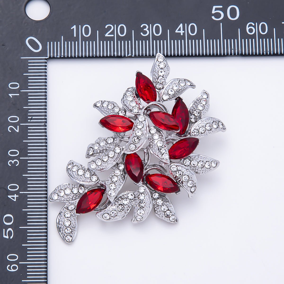 Silver 48mm Red Marquise Clear Micro Paved Rhinestone Leaf Floral Pin Brooch | BH-00194 - DLUXCA