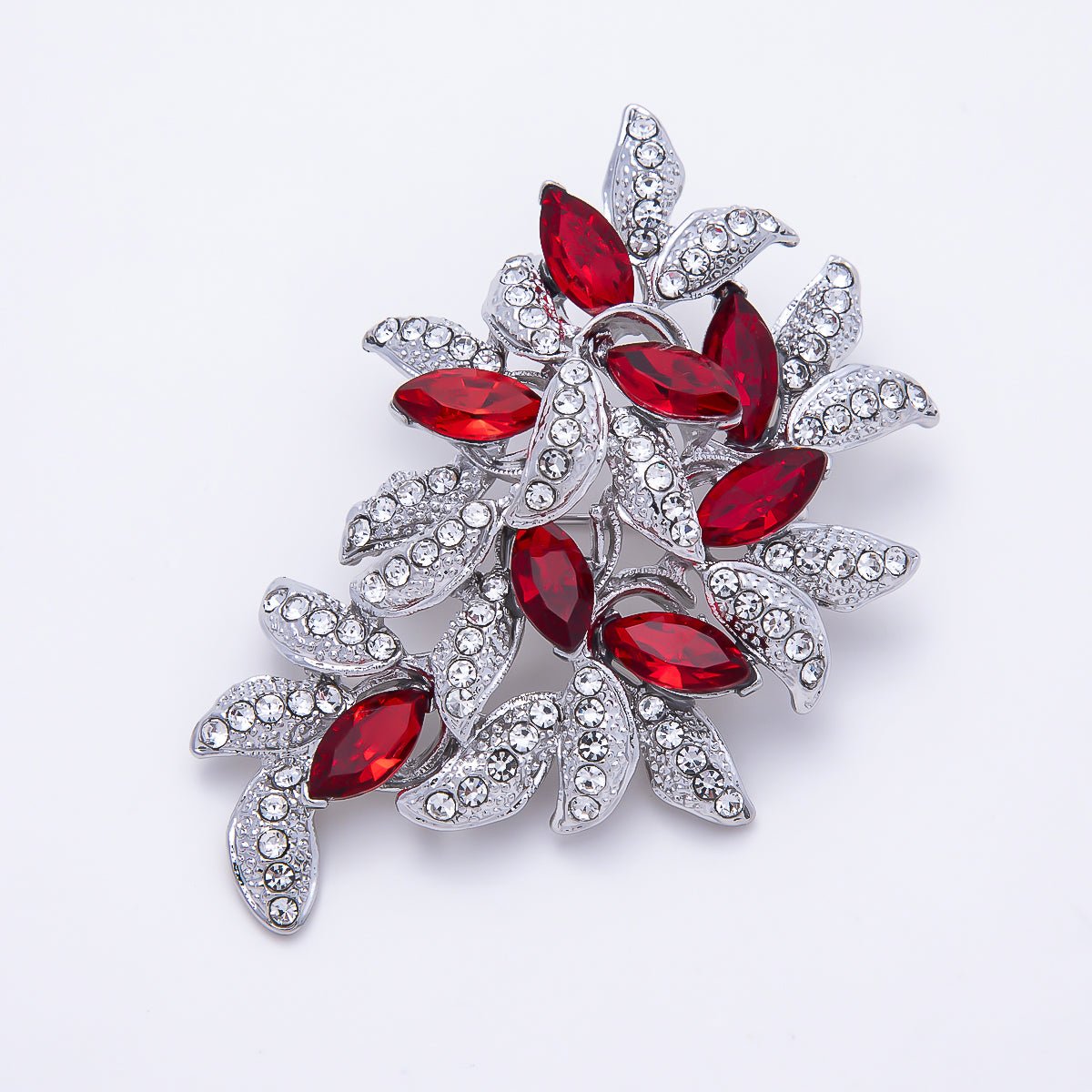 Silver 48mm Red Marquise Clear Micro Paved Rhinestone Leaf Floral Pin Brooch | BH-00194 - DLUXCA
