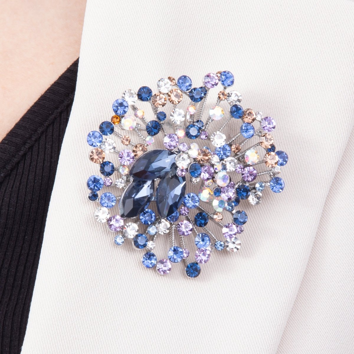 Silver 50mm Blue Multicolor Rhinestone Cluster Wire Flower Pin Brooch | BH-00195 - DLUXCA