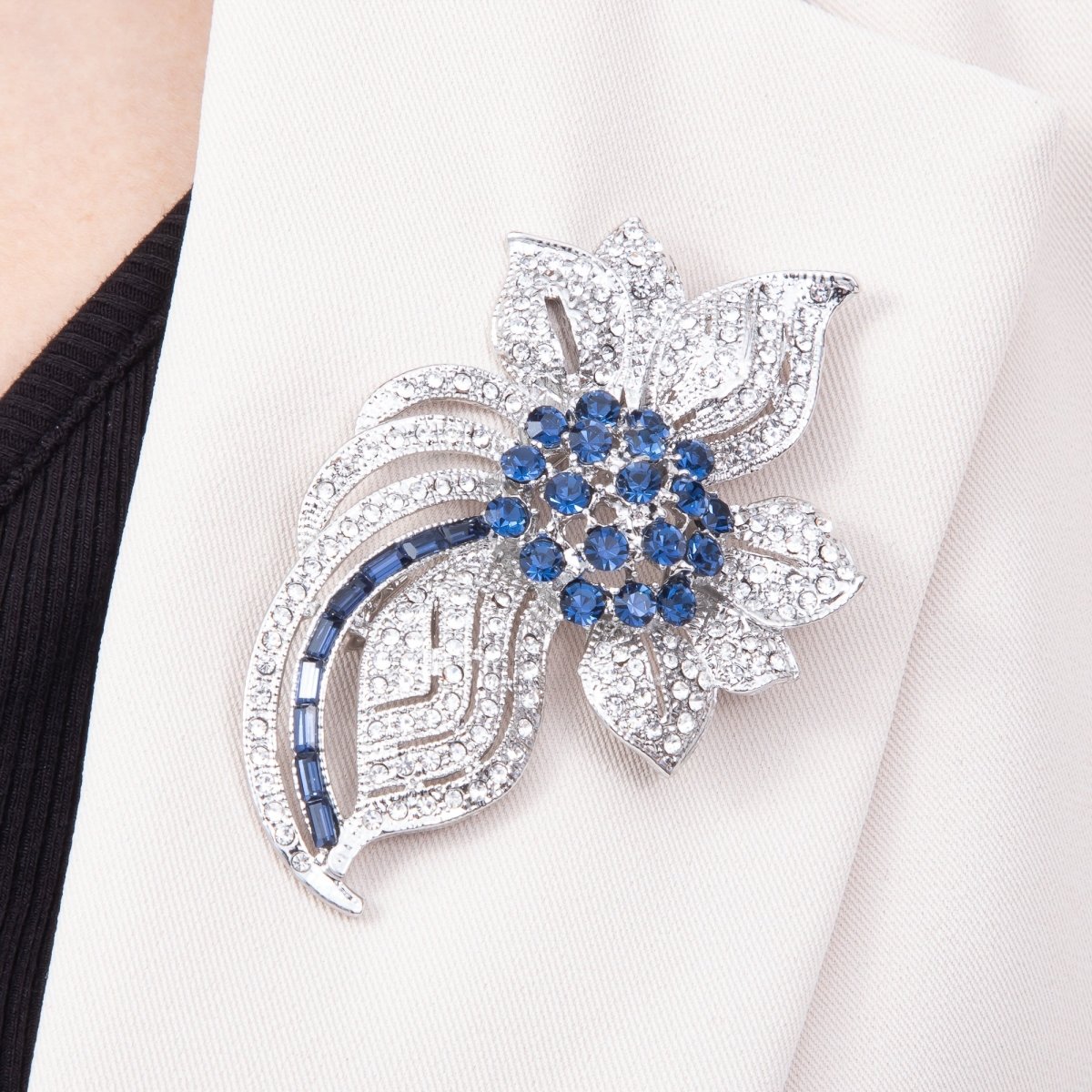Silver 75mm Blue Clear Rhinestone Curved Geometric Flower Pin Brooch | BH-00193 - DLUXCA