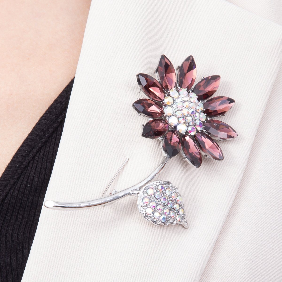 Silver 88mm Red Marquise Clear Iridescent Rhinestone Flower Plant Pin Brooch | BH-00190 - DLUXCA