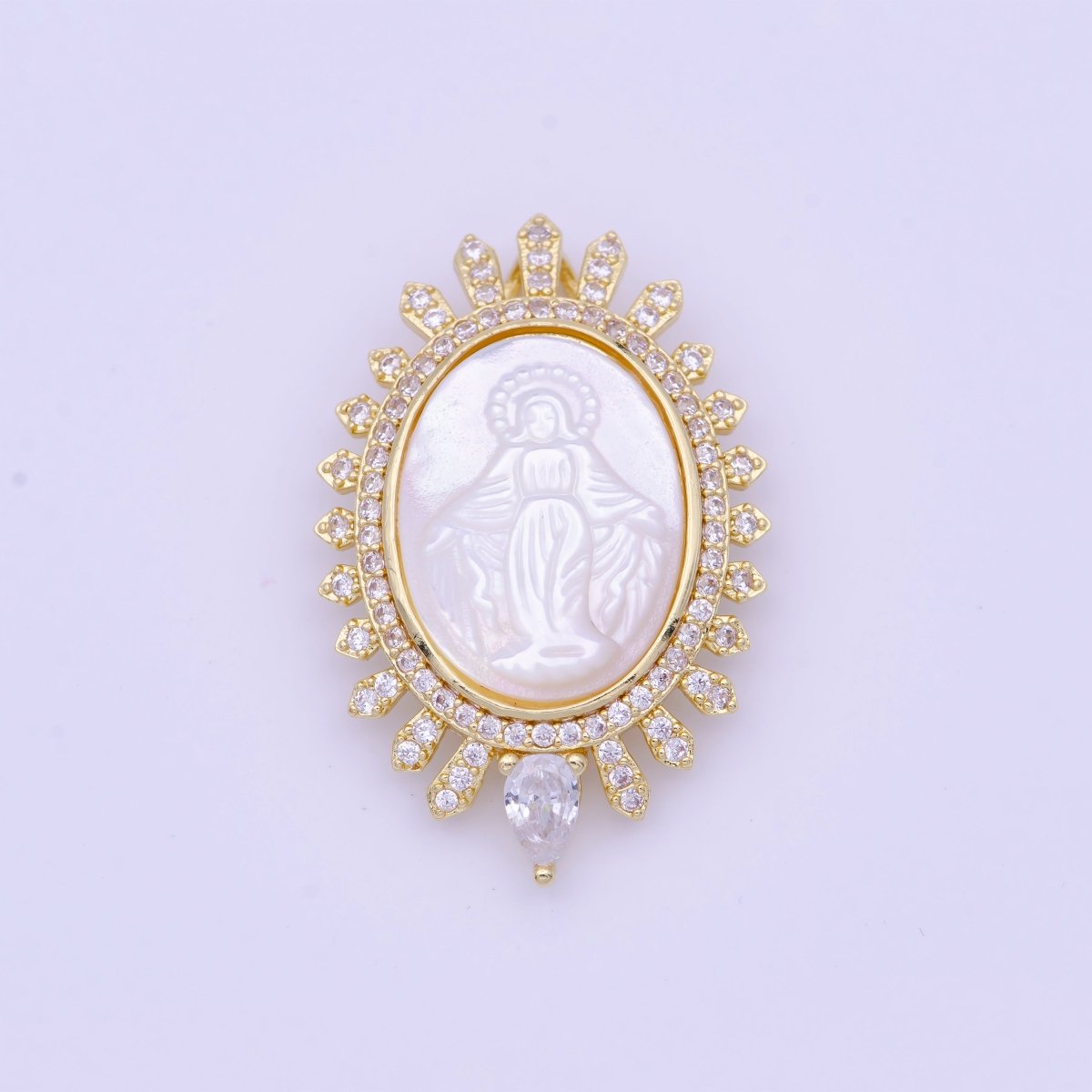 Silver Medallion Pendant Mother Of Pearl Miraculous Lady Charm Medallion Necklace Pendant with Cubic Zirconia C - 705 H - 773 - DLUXCA