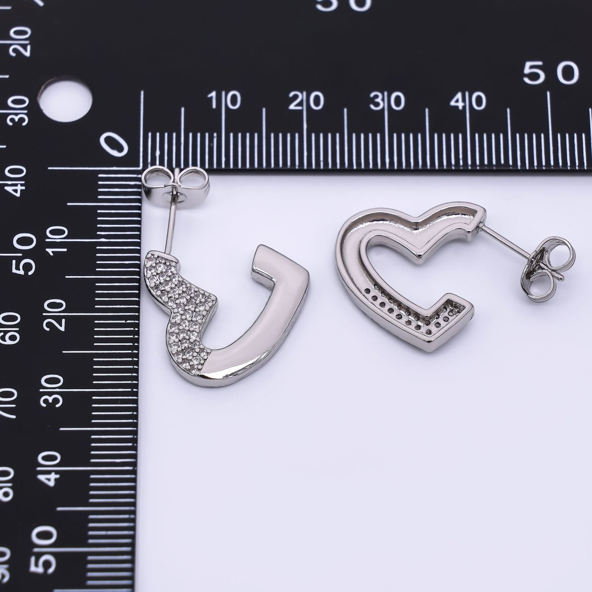 Silver Micro Paved CZ Half - Heart C - Hoops Earrings | AJ - 050 - DLUXCA