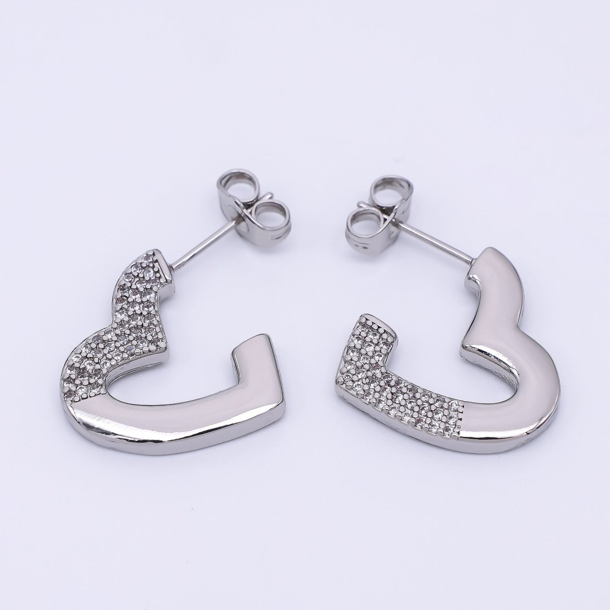 Silver Micro Paved CZ Half - Heart C - Hoops Earrings | AJ - 050 - DLUXCA