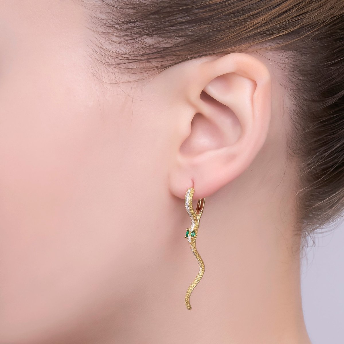 Snake Dangle Earrings with Green Eyes – Gold & Silver CZ Paved Serpent Earrings AB - 592 AB - 601 - DLUXCA