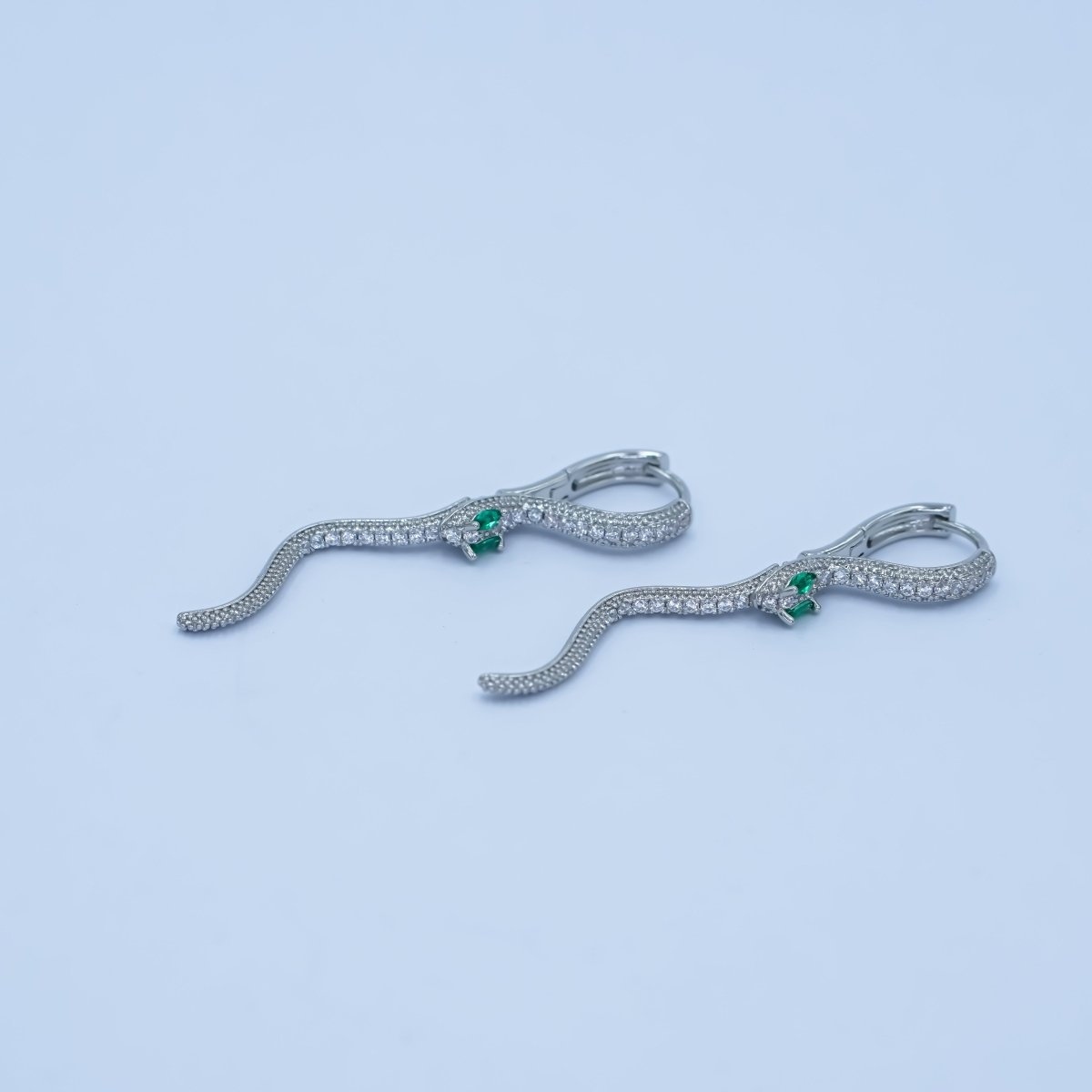 Snake Dangle Earrings with Green Eyes – Gold & Silver CZ Paved Serpent Earrings AB - 601 - DLUXCA