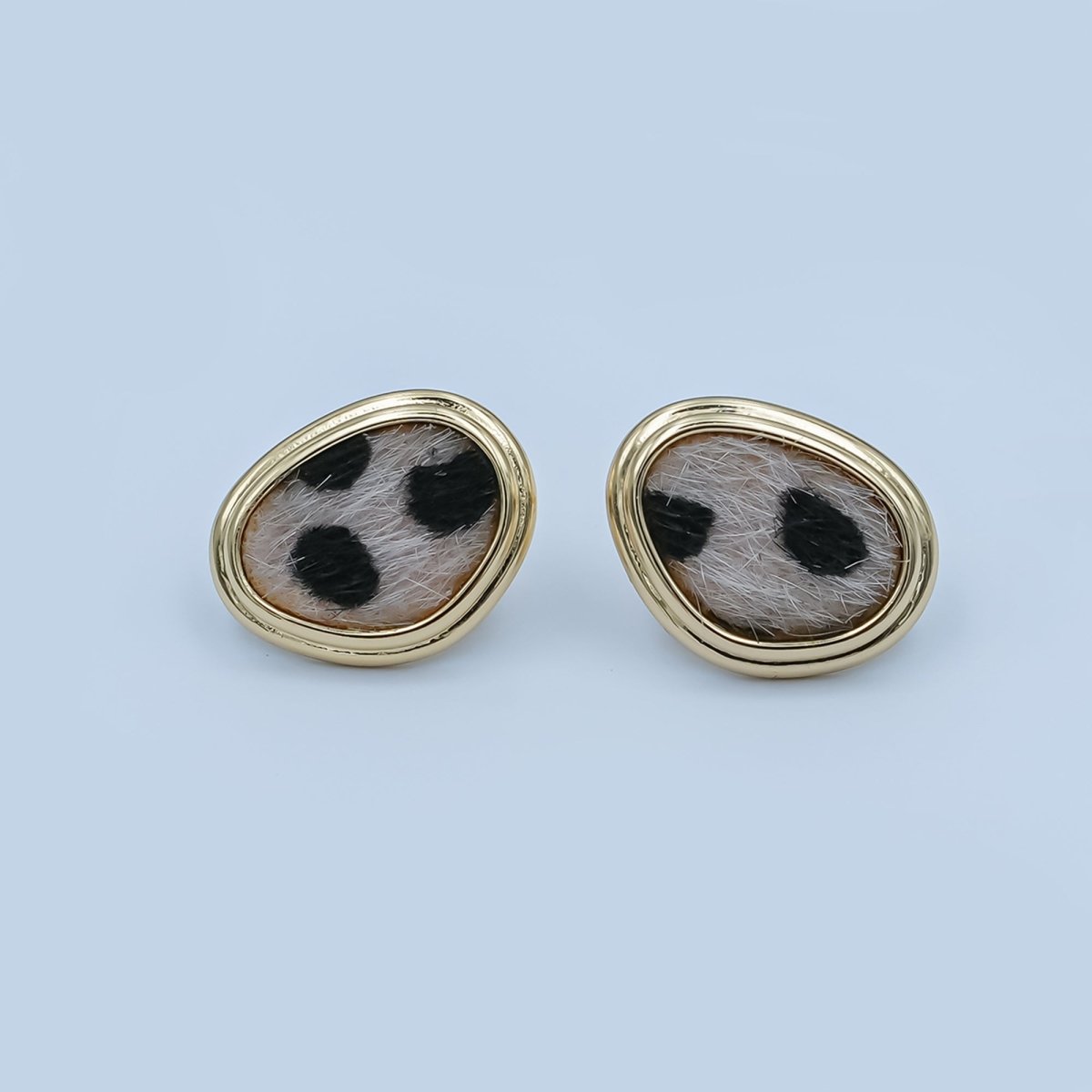Snow Leopard Print Faux Fur Geometric Bezel Stud Earrings in Gold & Silver | AD1556 AE071 - DLUXCA