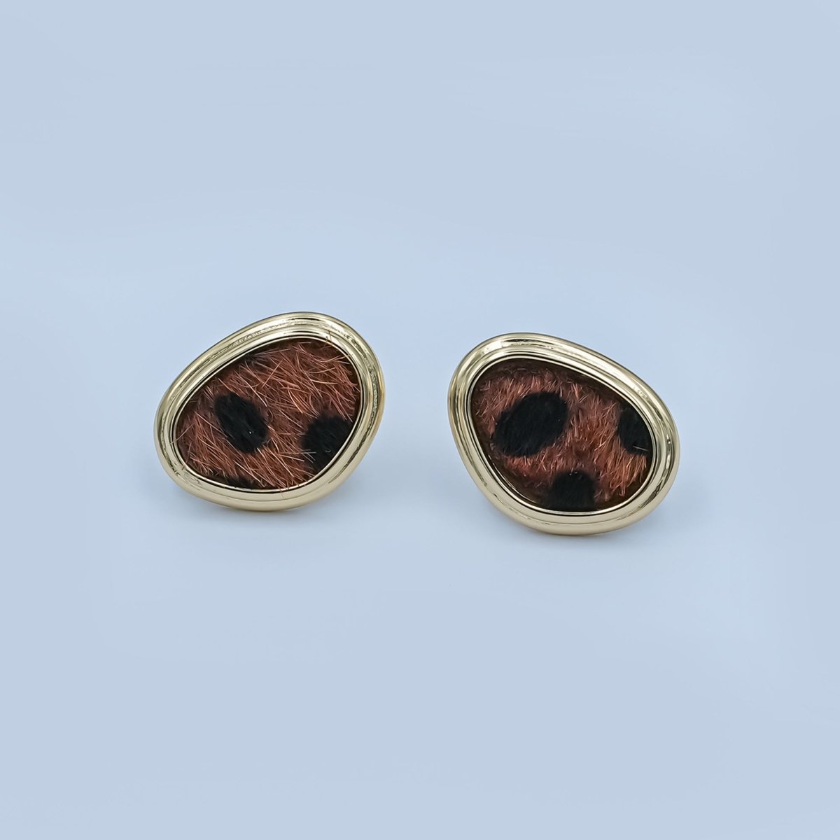 Snow Leopard Print Faux Fur Geometric Bezel Stud Earrings in Gold & Silver | AD1556 AE071 - DLUXCA