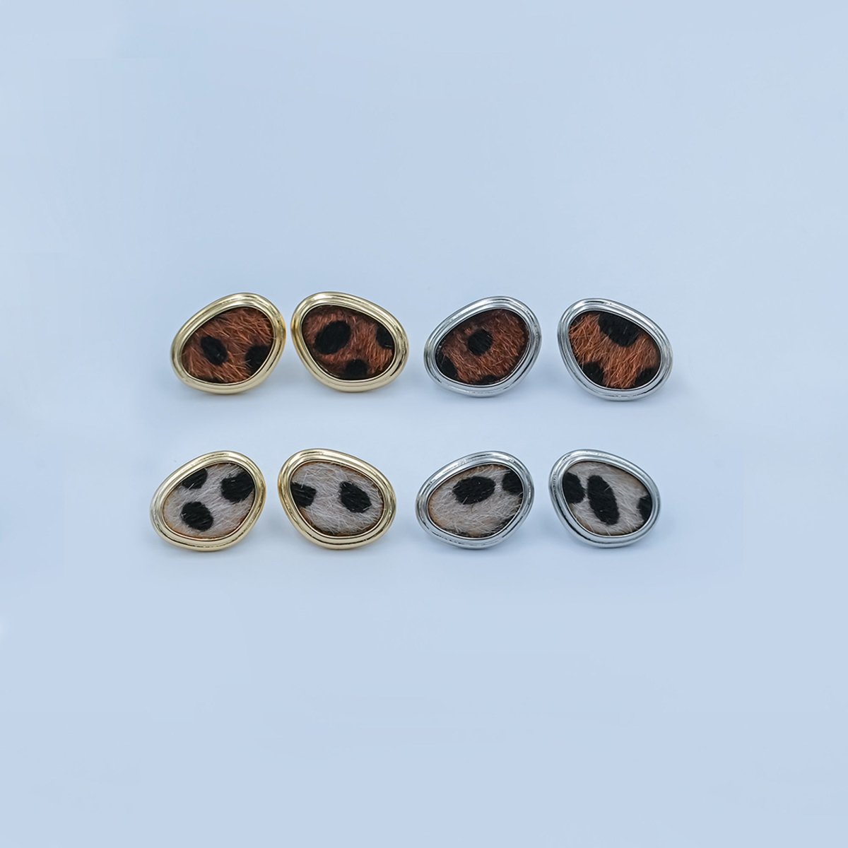 Snow Leopard Print Faux Fur Geometric Bezel Stud Earrings in Gold & Silver | AD1556 AE071 - DLUXCA