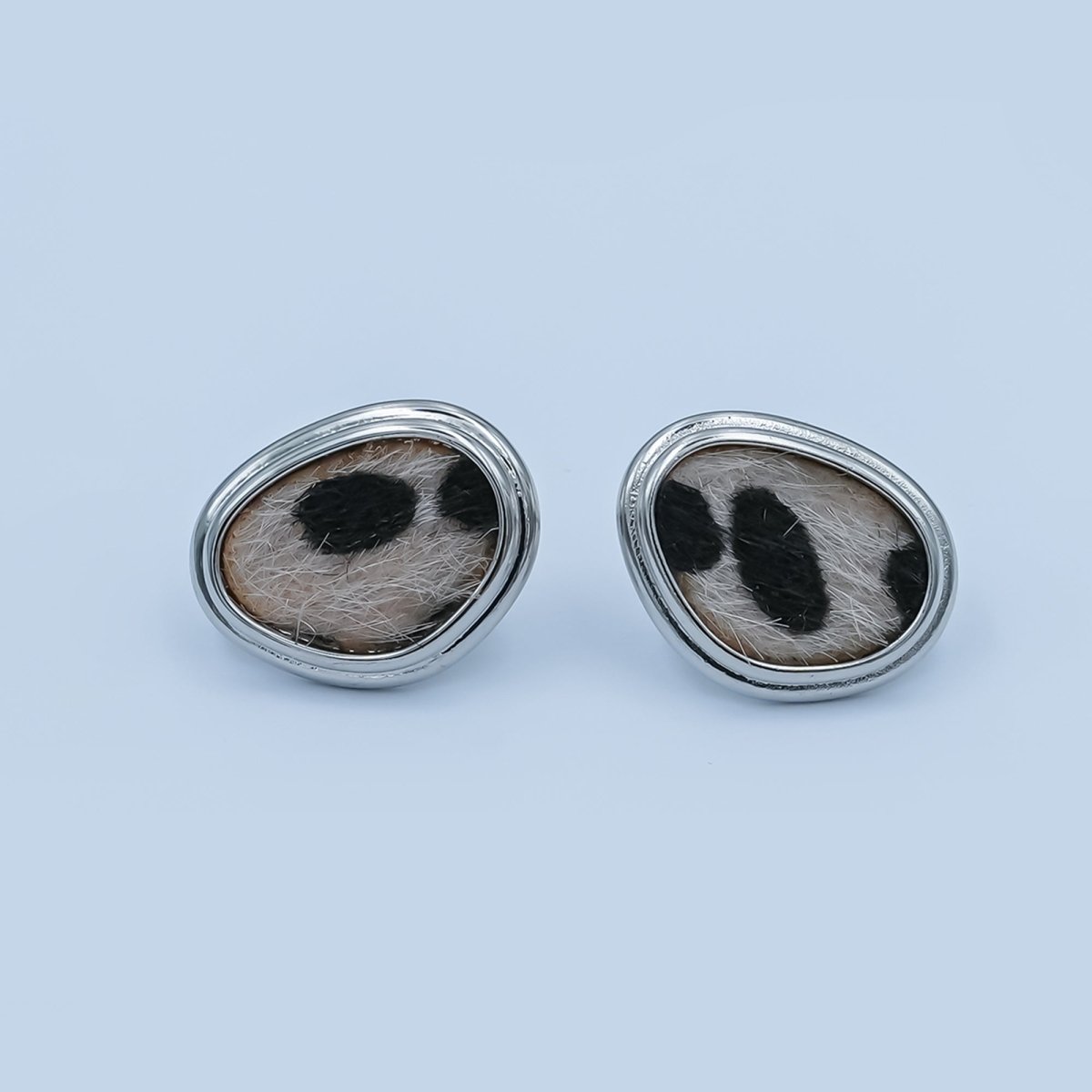 Snow Leopard Print Faux Fur Geometric Bezel Stud Earrings in Gold & Silver | AD1556 AE071 - DLUXCA