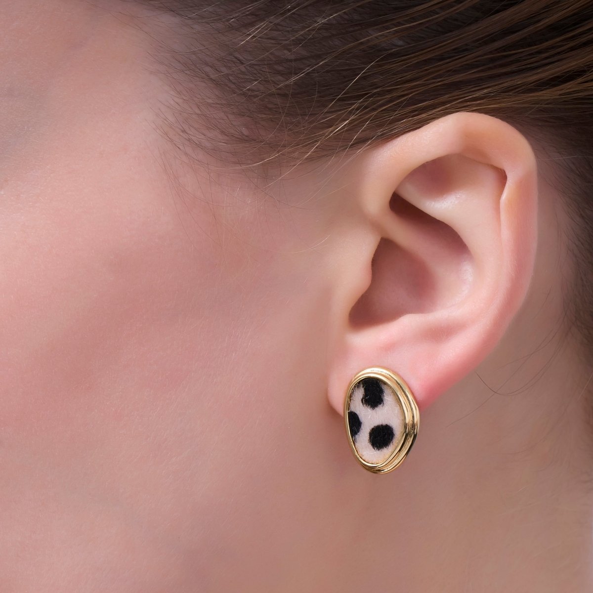Snow Leopard Print Faux Fur Geometric Bezel Stud Earrings in Gold & Silver | AD1556 AE071 - DLUXCA