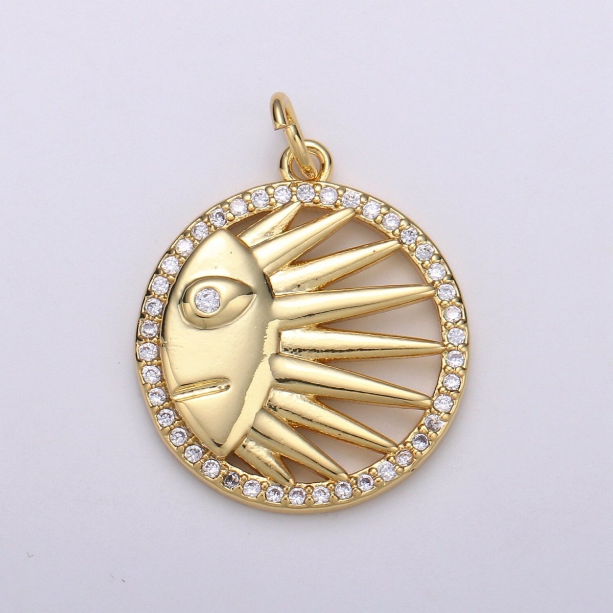 Solar Coin CZ Charms Sun Celestial Cubic Pave Coin Pendant 24K Gold CZ Drop Charm Pendant, Celestial Jewelry - DLUXCA